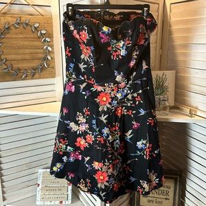 Express Black Floral Hummingbird Strapless Mini Dress